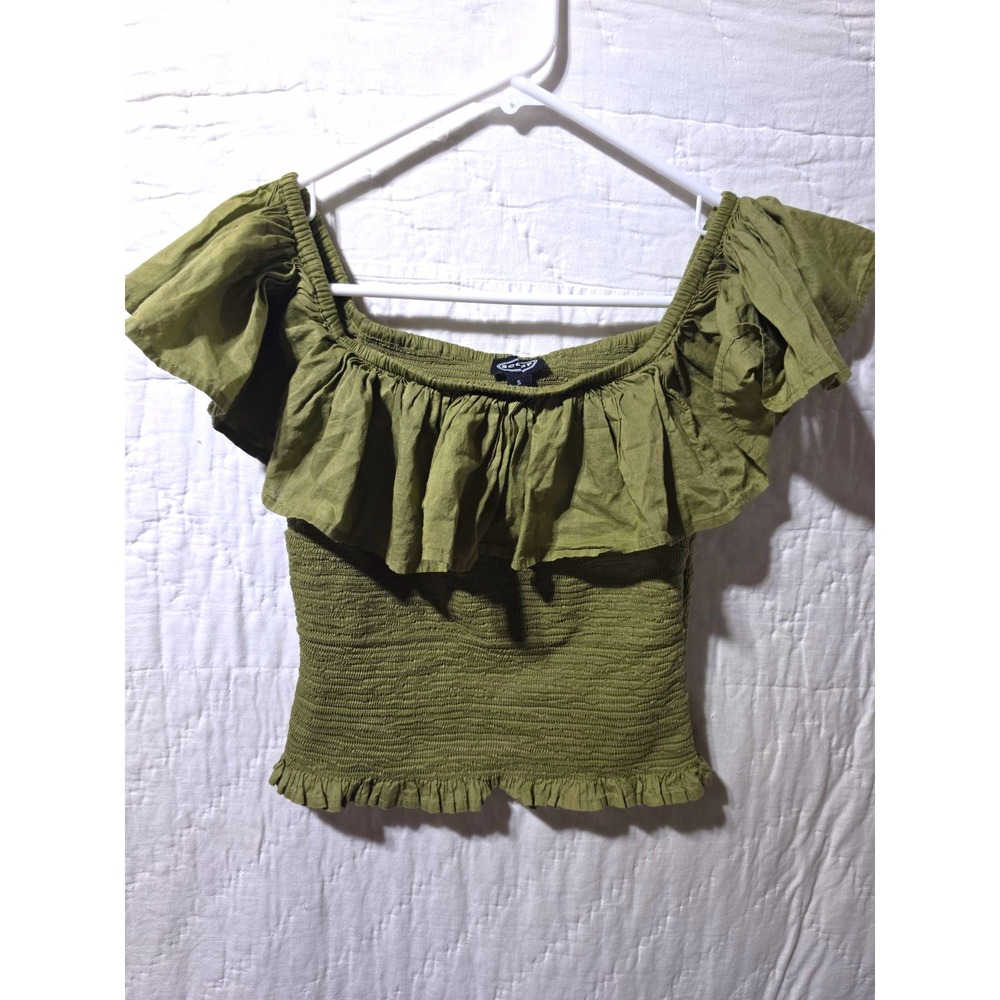 SCCP Green Off-the-Shoulder Smocked Ruffle Short Sleeve Blouse Size S Y2K Earthy